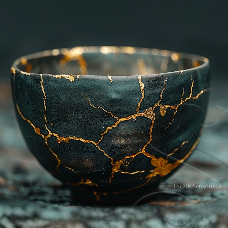 Bol à thé chawan noir kintsugi