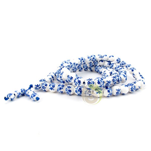 Chapelet porcelaine fleurs bleues Mala tibétain 108 perles