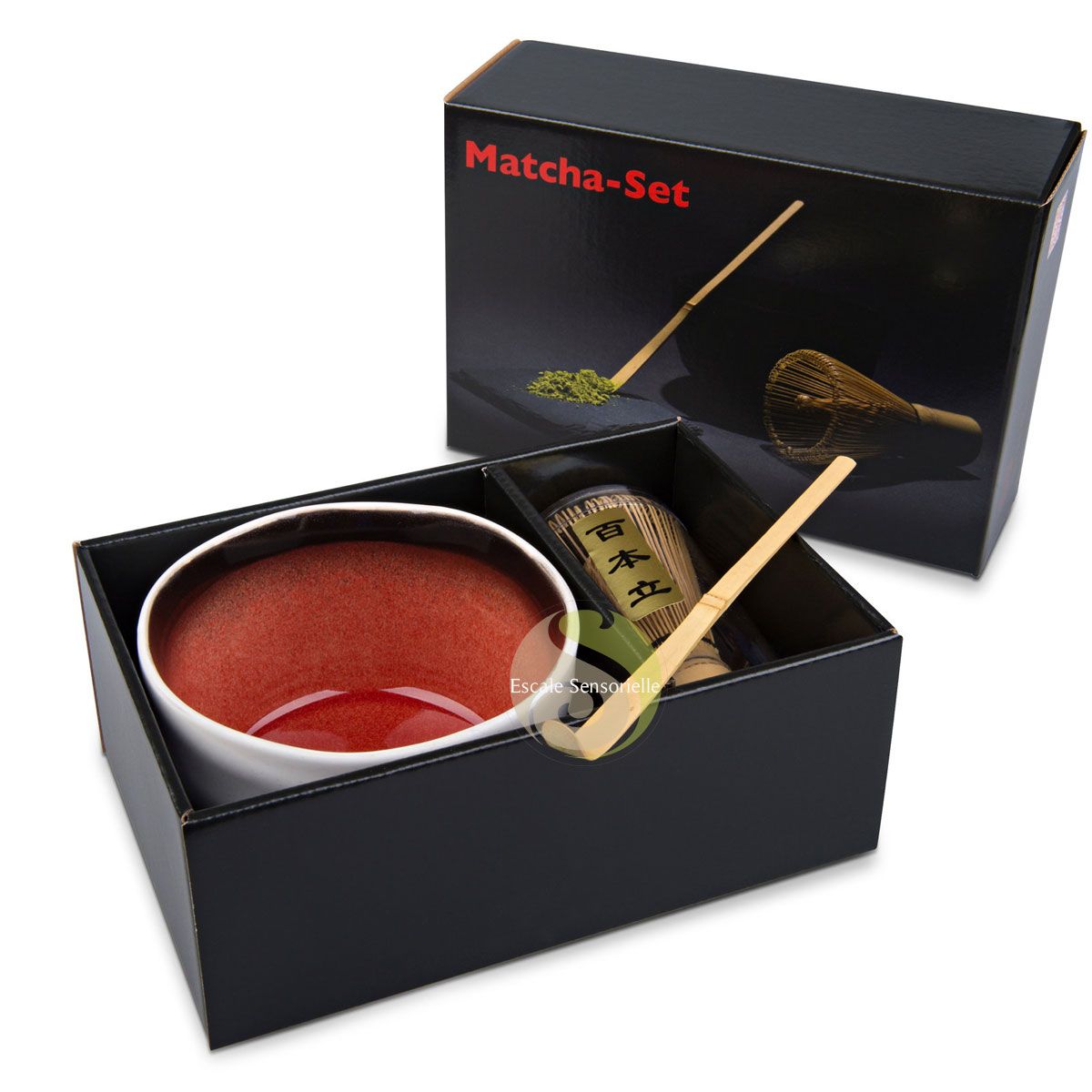 Coffret débutant cérémonie du thé bol chawan gris rouge 400ml matcha -  Escale Sensorielle
