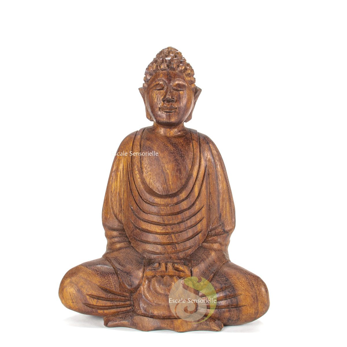 Bouddha prospérité statuette bois 17cm porte bonheur chance argent