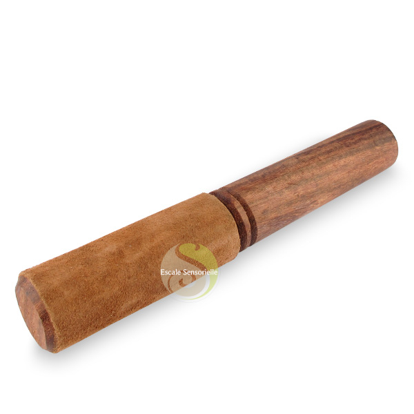Marteau bol chantant tibétain cuir feutre caramel bâton bois