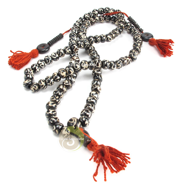 Mala 108 perles chapelet tibétain os Aum blanc & noir