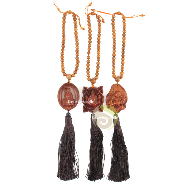 Suspension chapelet perle de bois porte bonheur bouddha Hachiman