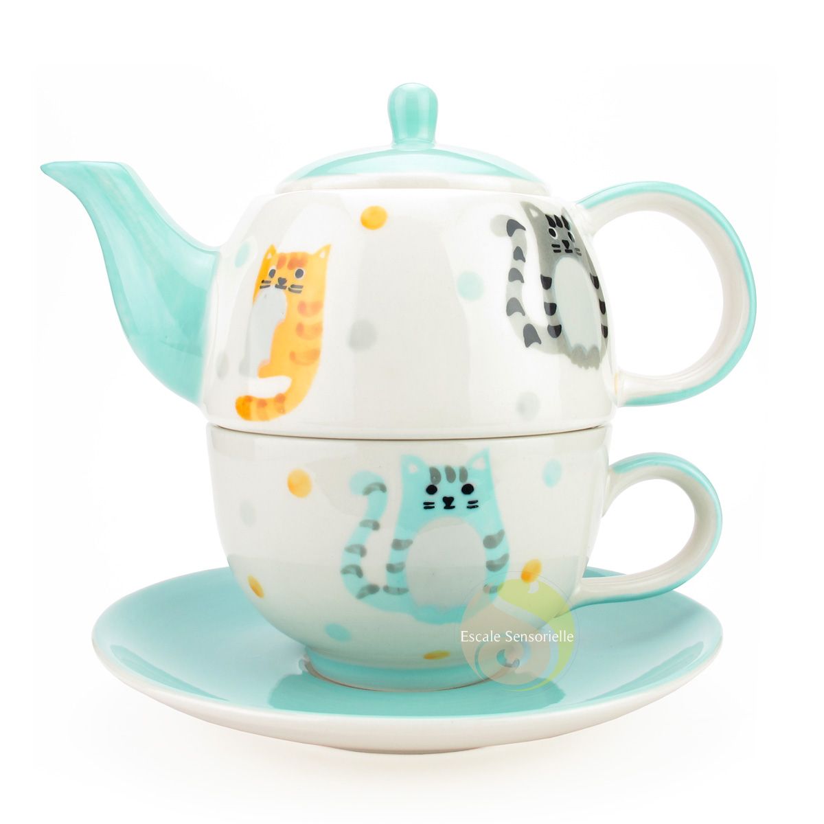 Mini théière et tasse à thé chat céramique individuelles