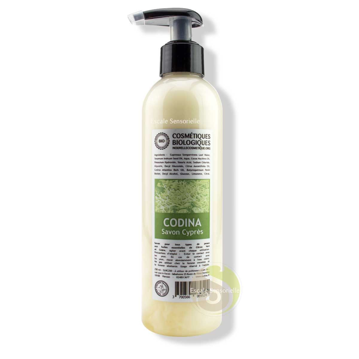 Savon liquide Bio cyprès Codina certifié Nouvelle Cosmétique nettoie et nourrit la peau