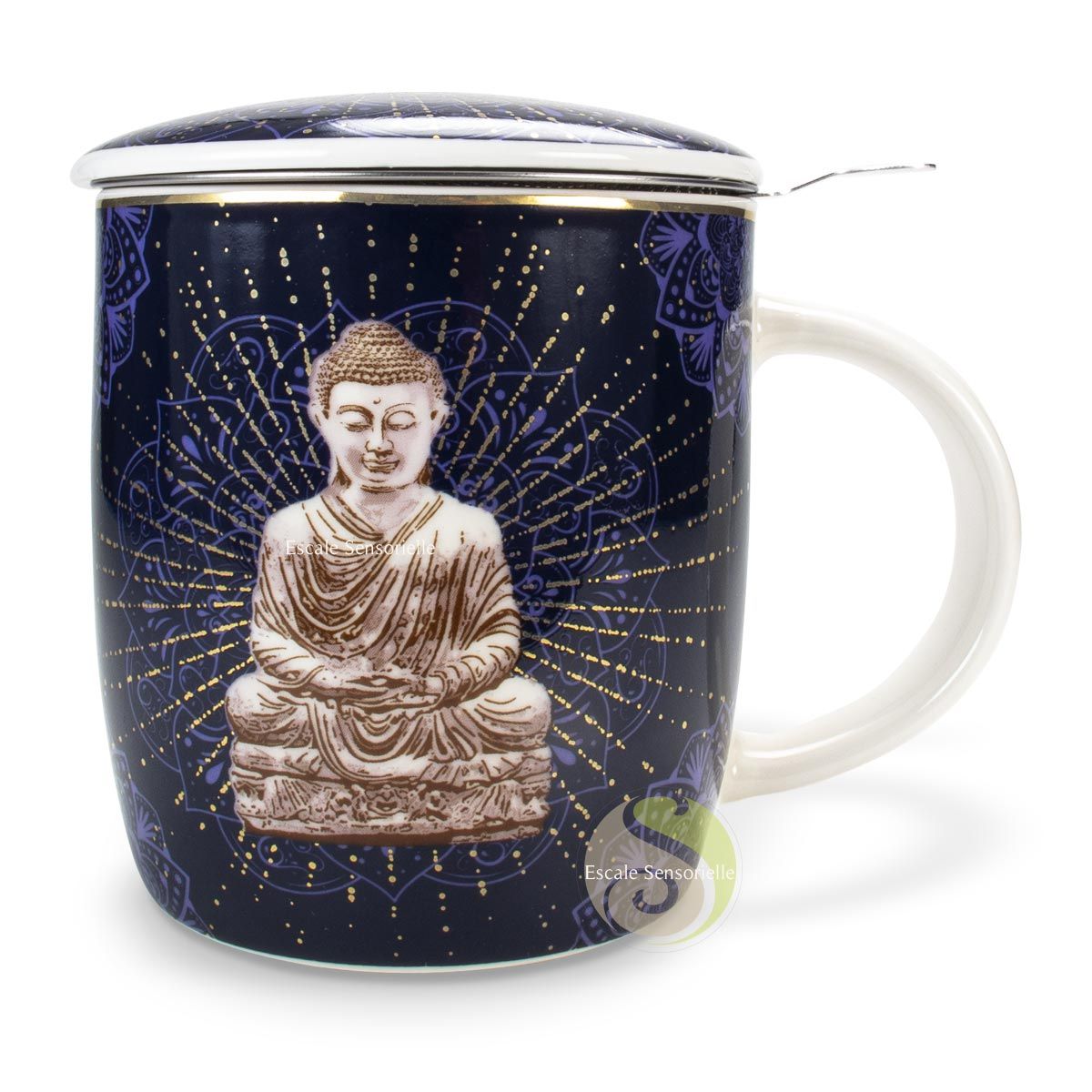 Tasse à thé Bouddha bleu en céramique 3 pièces avec filtre inox amovible