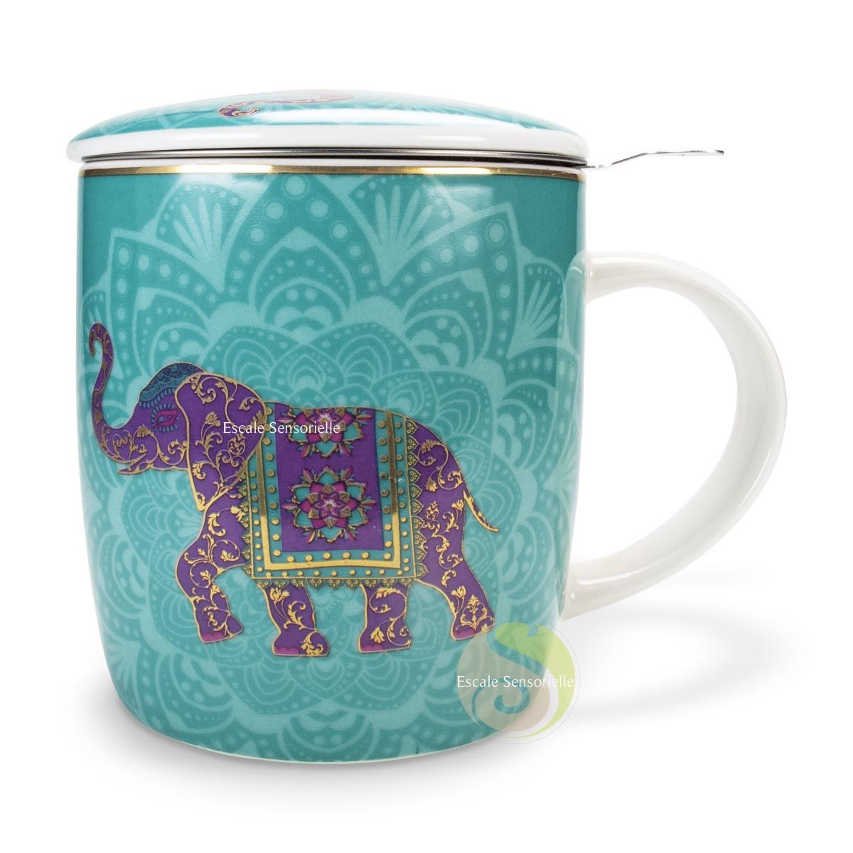 Tasse à thé éléphant en céramique 3 pièces avec filtre inox amovible