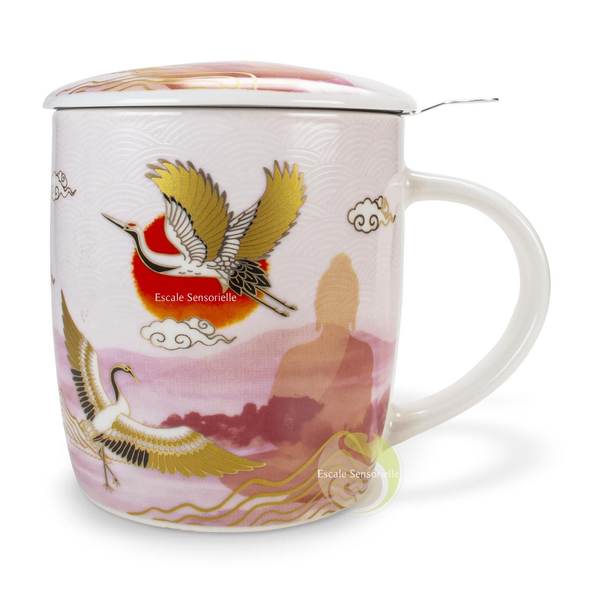 Tasse à thé grue japonaise en céramique 3 pièces avec filtre inox amovible