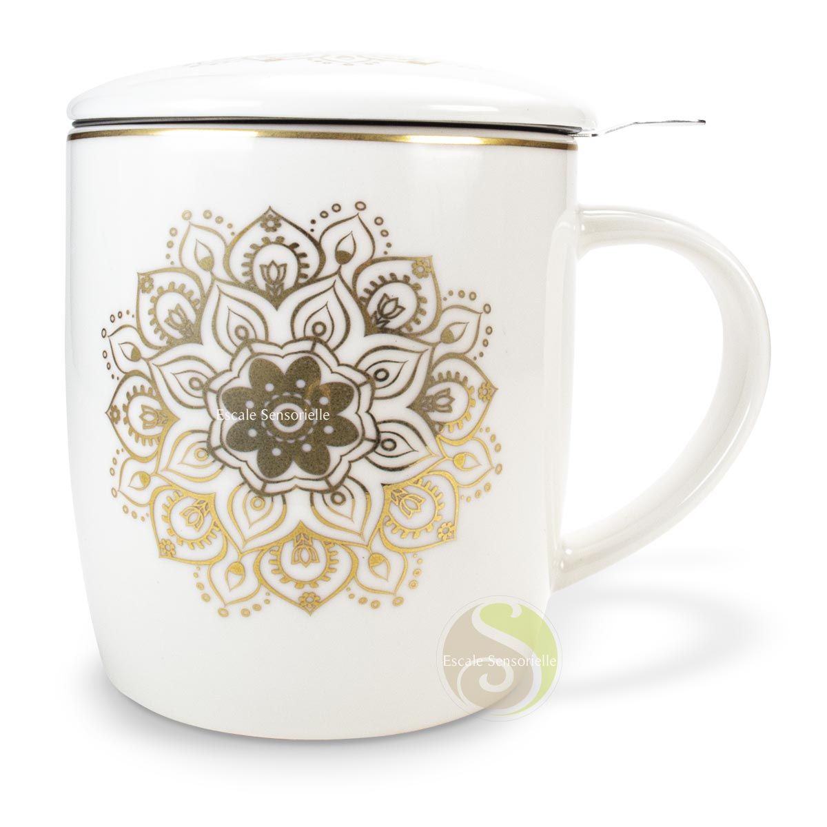 Tasse à thé mandala doré en céramique 3 pièces avec filtre inox amovible