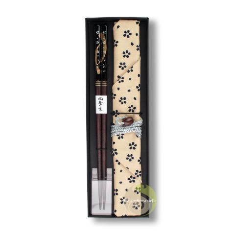 Chopsticks japanese natural wood with cotton bag design black sakura