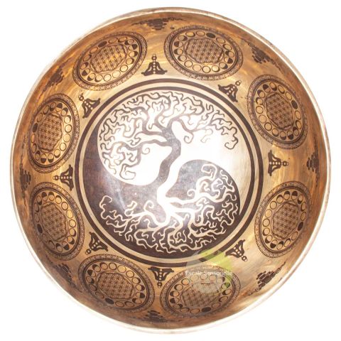Bol chantant tibétain yin yang arbre de vie gravé fabrication manuelle