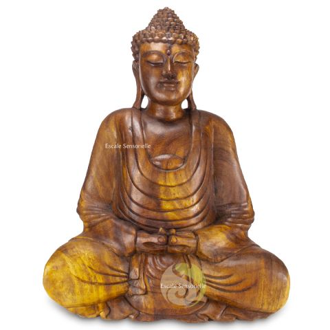 Bouddha bois statue méditation 30cm lotus