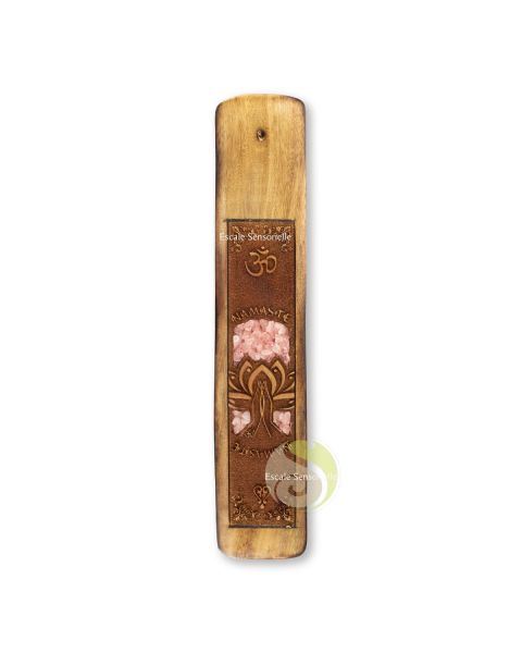 Support bois et pierre minérale symbole lotus pour encens 