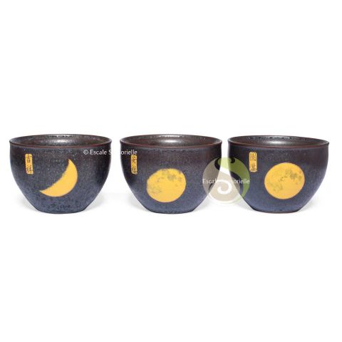 Coffret 3 tasses à thé cycle lunaire en céramique anthracite motif doré