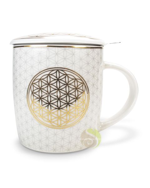 Tasse à thé fleur de vie doré en céramique 3 pièces avec filtre inox amovible