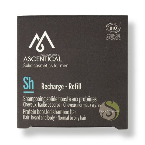 Recharge shampooing solide Bio Ascentical pour homme cheveux, barbe et corps