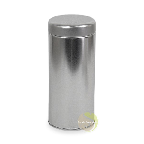 Boite ronde à thé métallique gris argent silver grey tea box conservation