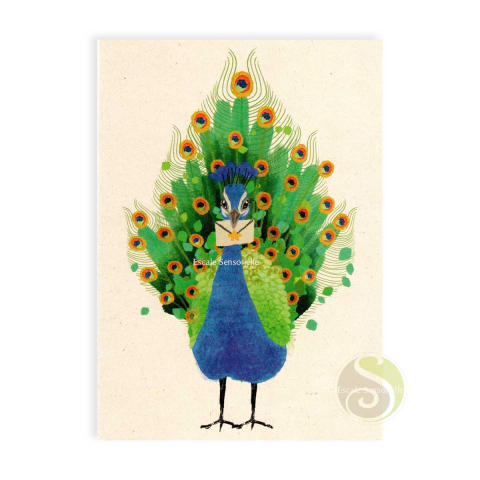 Carte postale double avec enveloppe paon papier FSC organic encre 100% naturelle