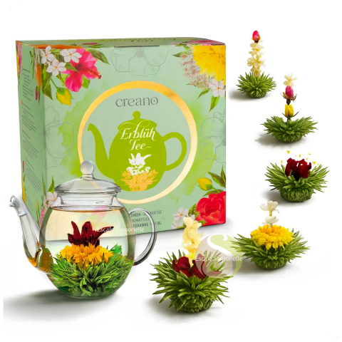 Box Creano théière et 6 fleurs de thé vert aromatisé 