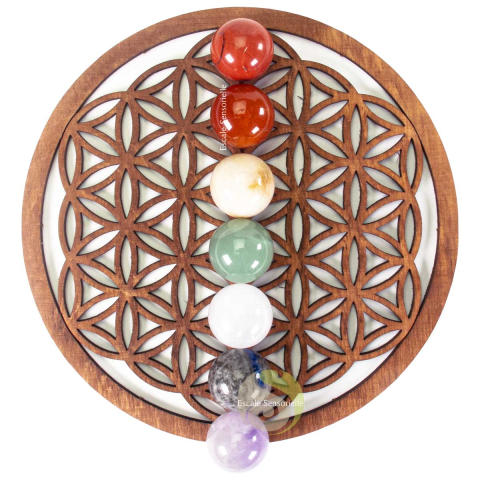 Plateau bois 7 chakras fleur de vie pierres naturelles minérales 