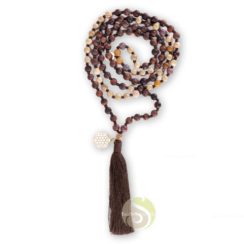 Mala oeil de taureau et bois de santal 108 avec charme OM et fleur de vie plaqué or