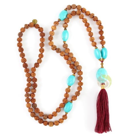 Collier mala rudraksha turquoise & or