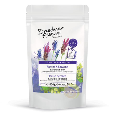 Bain calmant sel aux huiles essentielles lavande houblon Dresdner Essenz 800g 