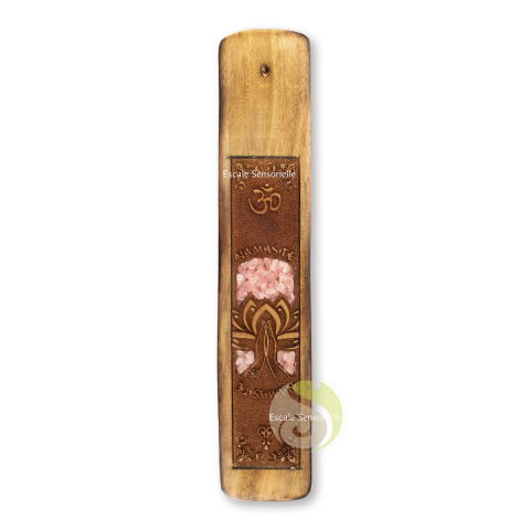 Support bois et pierre minérale symbole lotus pour encens 