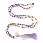 Mala 108 perles bois de santal et améthyste charme fleur de vie et OM plaqué or