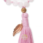 Détail pompon et feuille en plaqué or rose sur Mala quartz rose et bois de santal