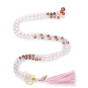 Mala 108 perles bois de santal et quartz rose charme feuille et OM plaqué or rose
