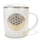 Tasse à thé fleur de vie doré en céramique 3 pièces avec filtre inox amovible