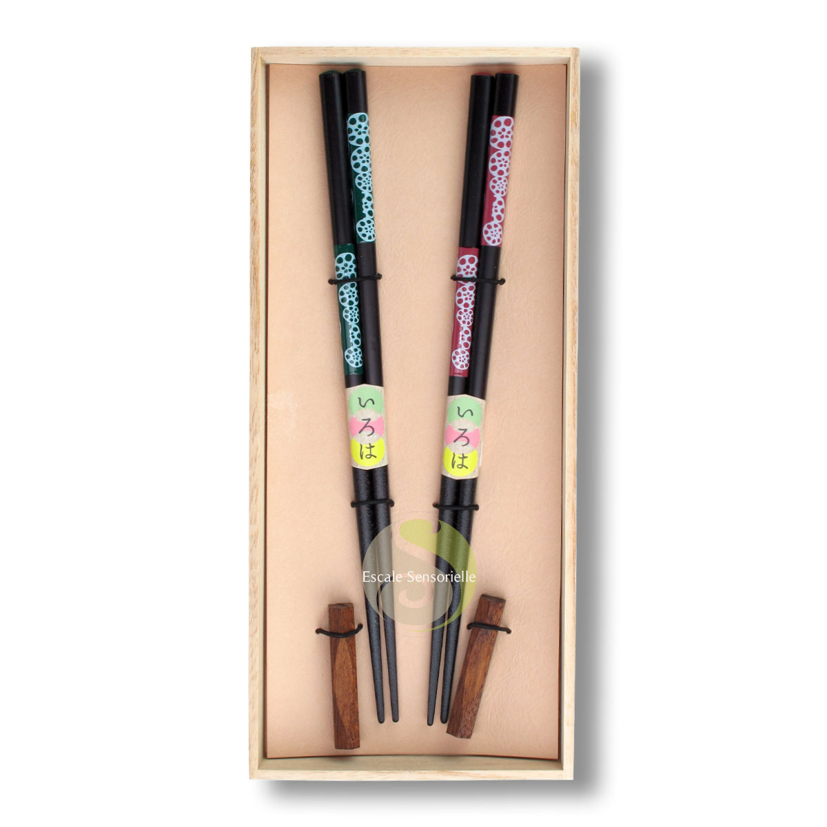 Baguettes japonaises lotus avec support coffret cadeau en bois