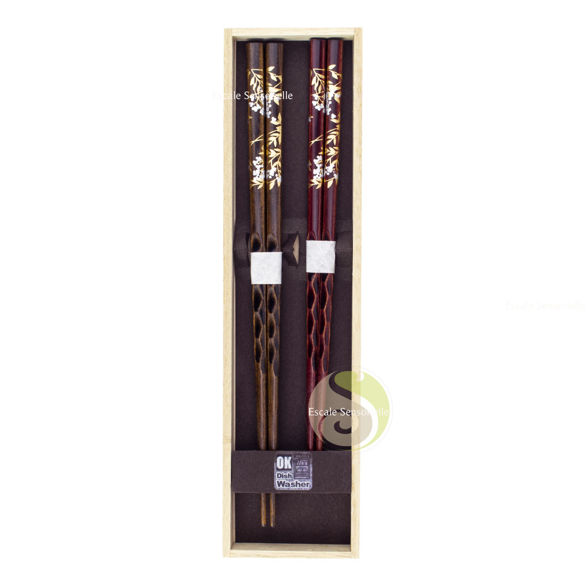 Baguettes torsadées japonaises coffret couple bois naturel fleurs de cerisier dorées