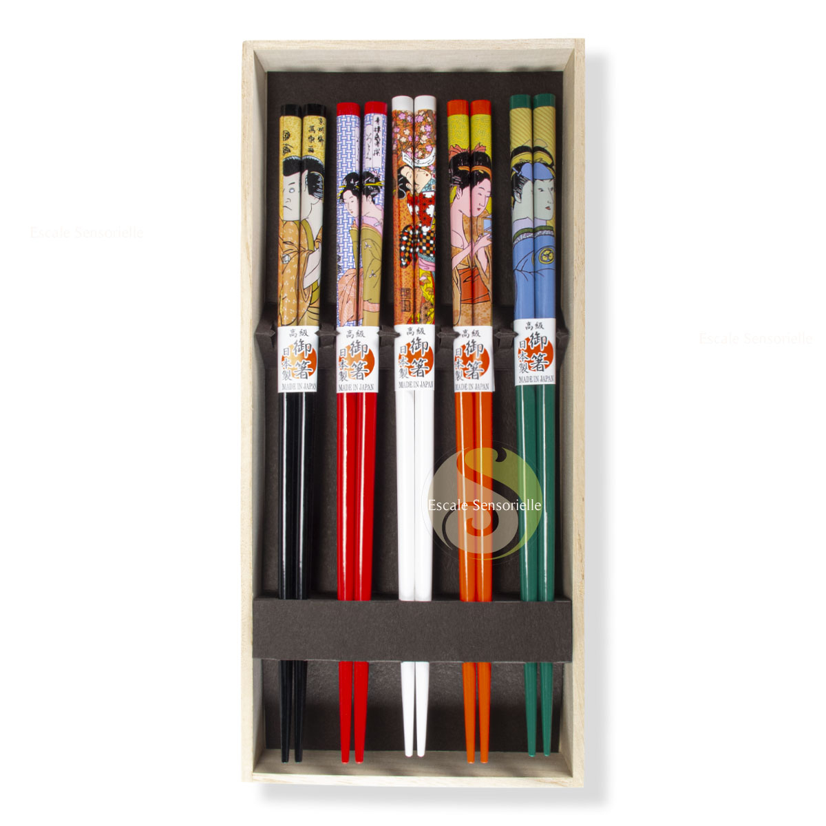Coffret 5 baguettes japonaises geisha en bois naturel