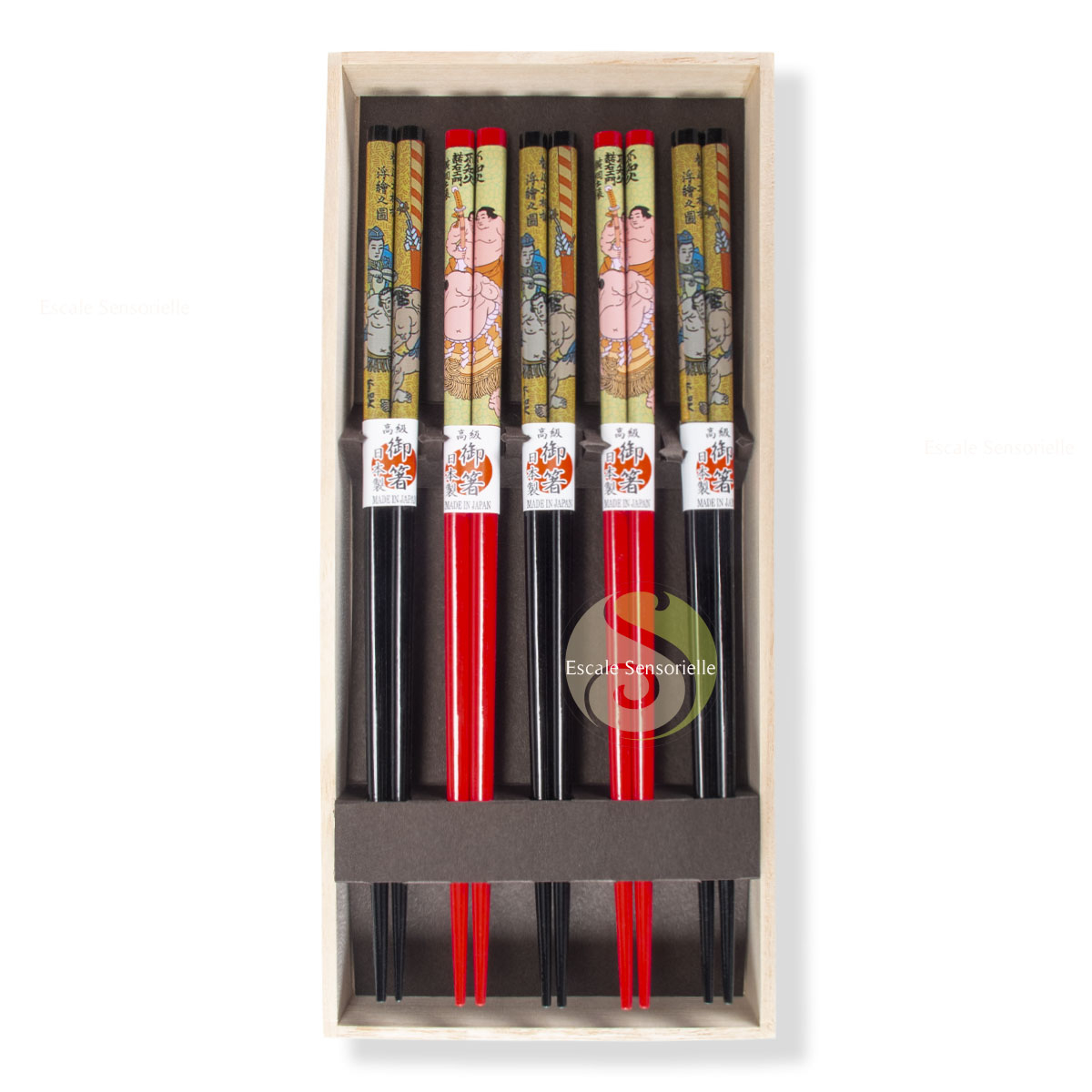 Coffret 5 baguettes japonaises sumo en bois naturel