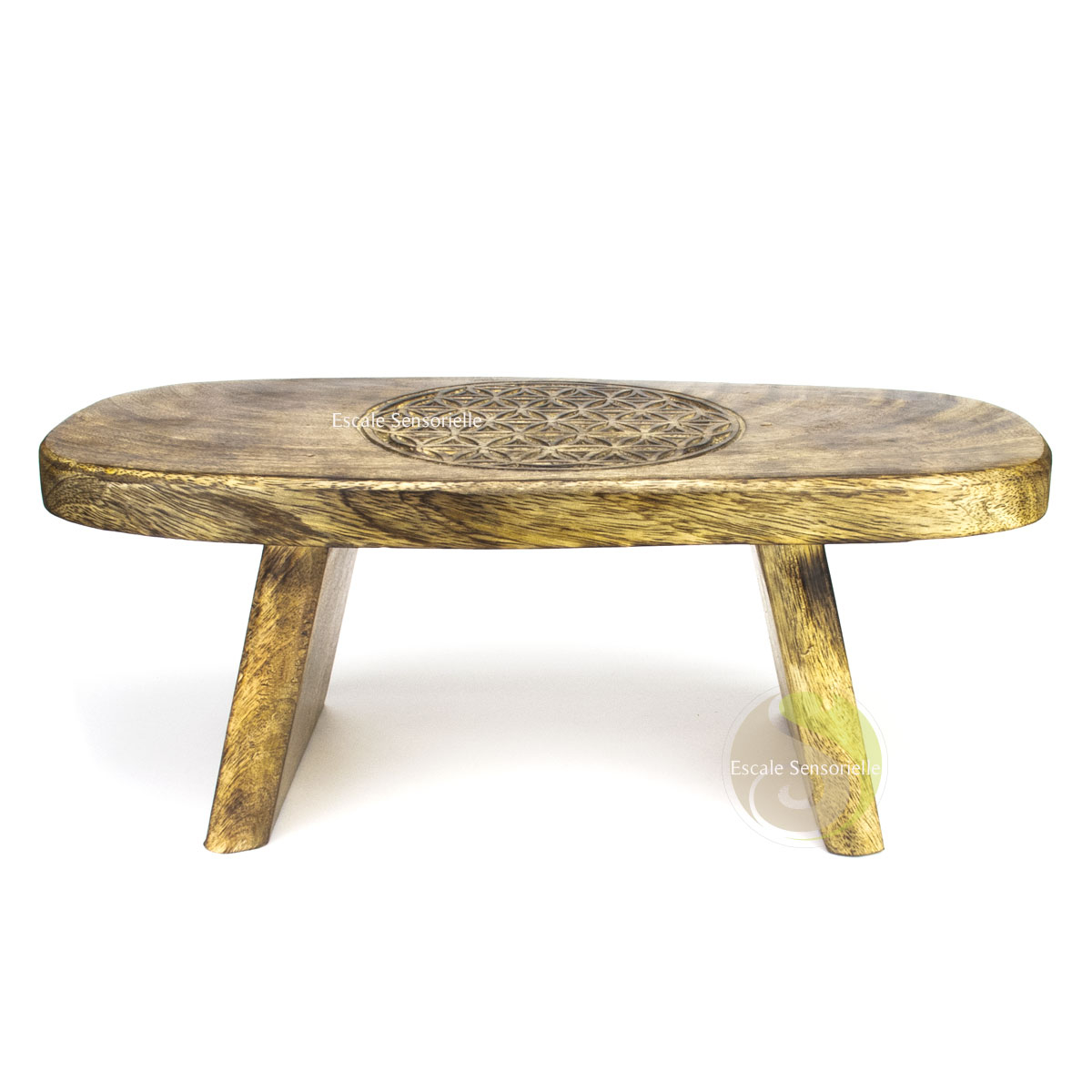 siège de méditation fleur de vie gravée hauteur 15cm bois de manguier