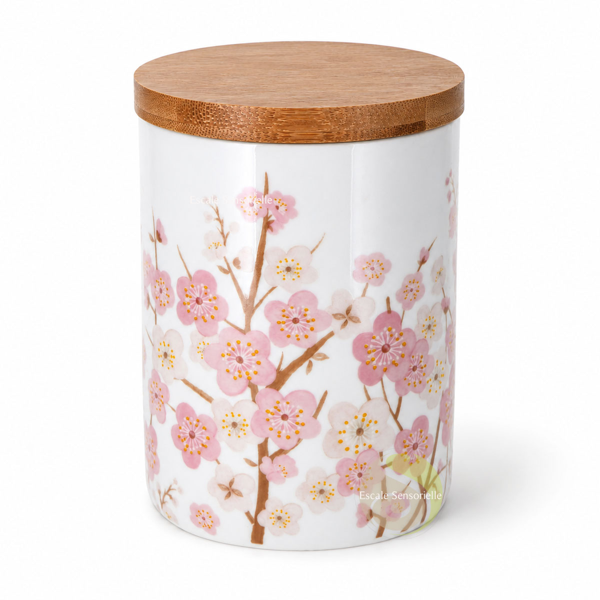 Boite à thé blanche en céramique design fleurs de cerisier couvercle en bois