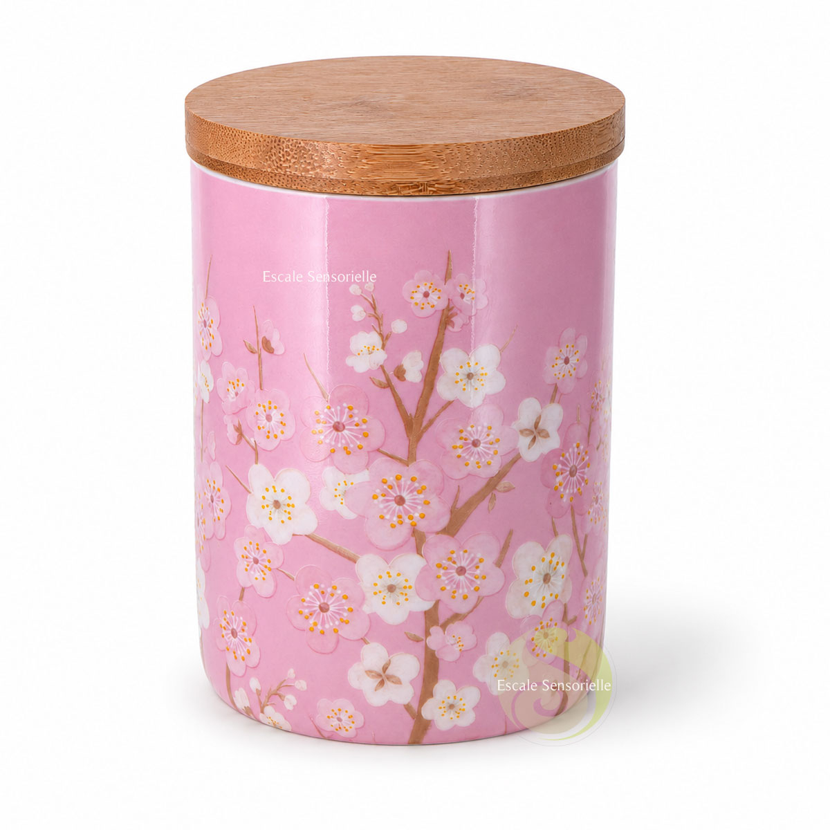 Boite à thé rose en céramique design fleurs de cerisier couvercle en bois