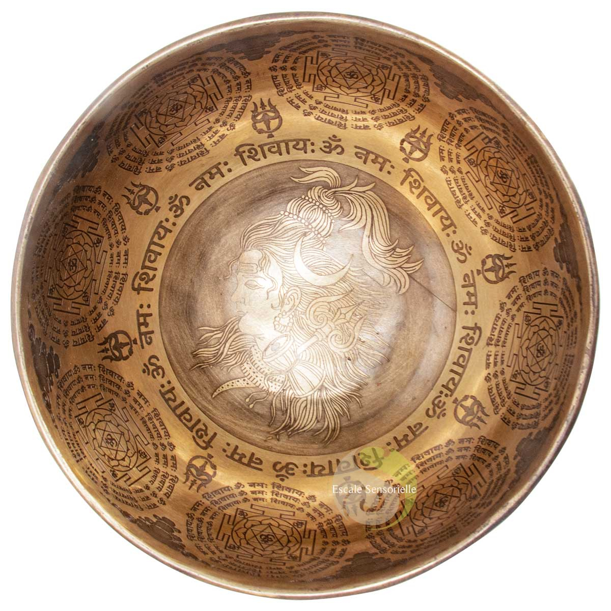 Bol chantant tibétain Shiva mandala mantra gravé fabrication manuelle