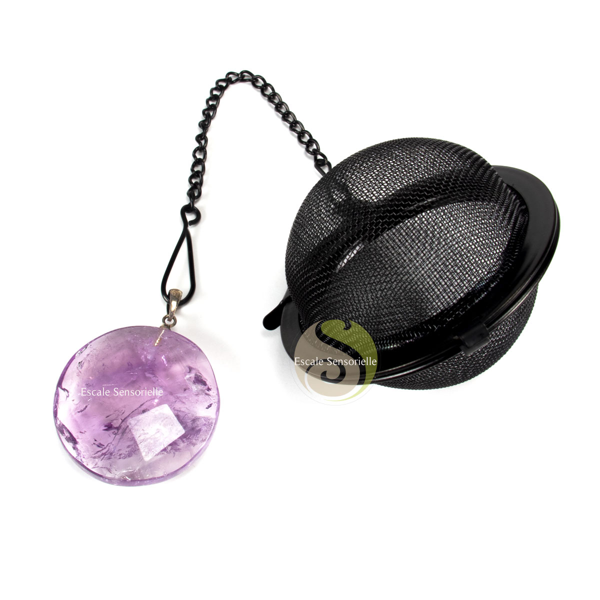 Boule à thé noir et disque facetté d'améthyste pour infuser