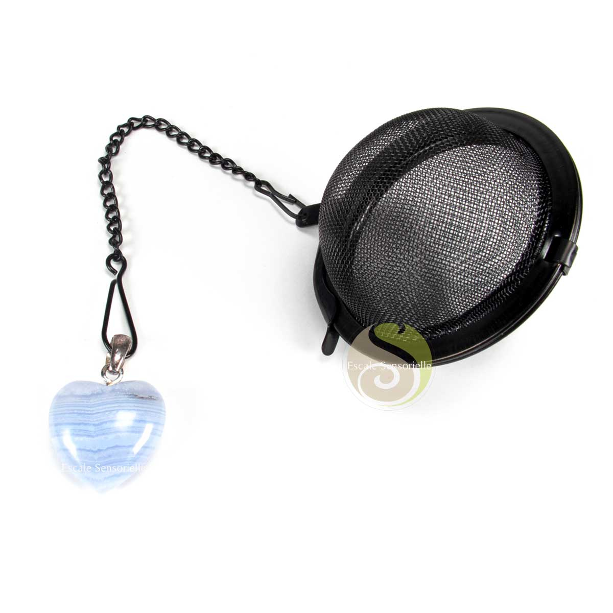 Boule à thé noir et cœur de calcédoine bleu pour infuser