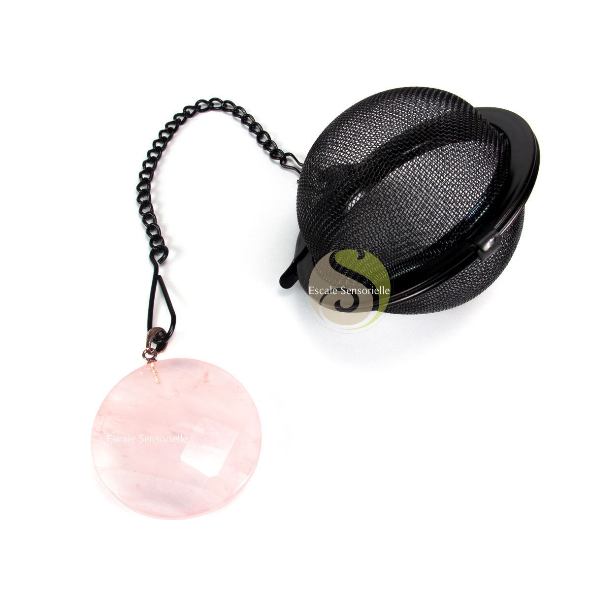 Boule à thé noir et disque facetté de quartz rose pour infuser