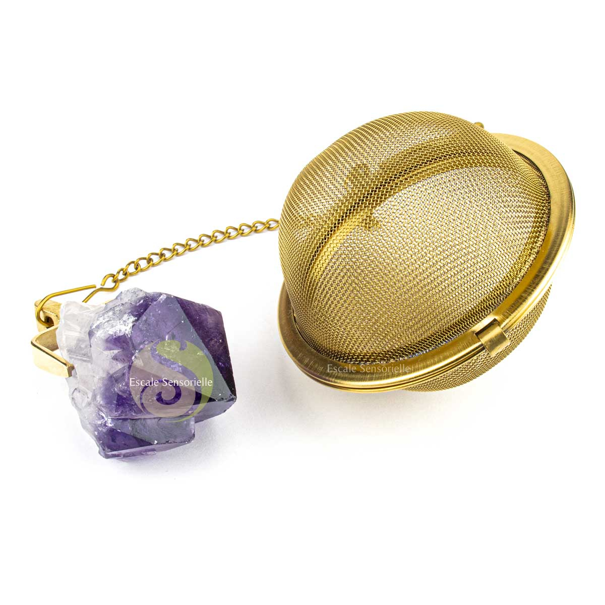 Boule à thé inox améthyste et or pour filtrer vos thés, tisanes, infusions