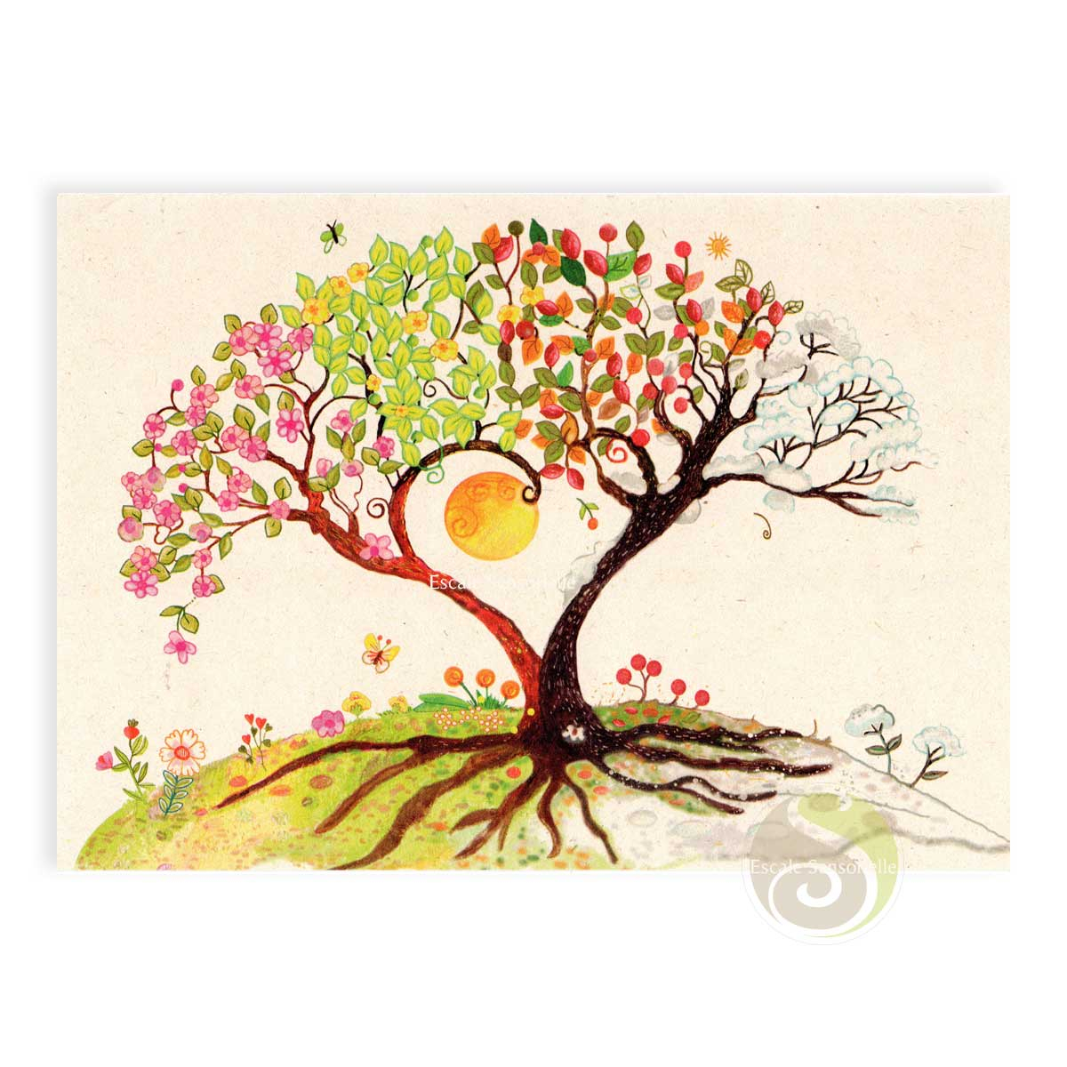 Carte postale double avec enveloppe arbre 4 saisons papier FSC organic encre 100% naturelle