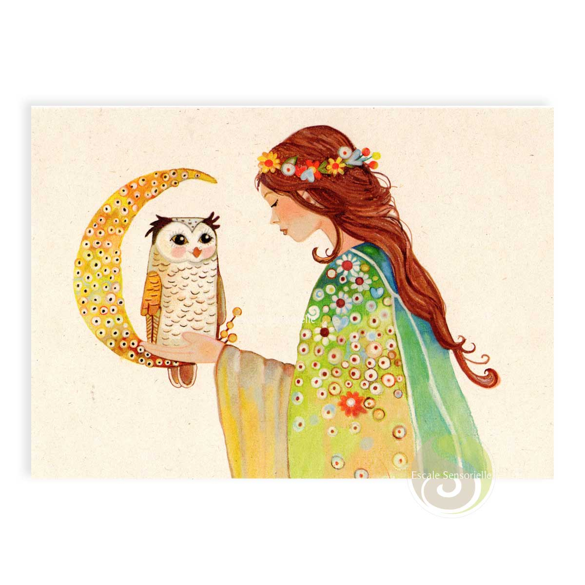 Carte postale double avec enveloppe hibou de la sagesse papier FSC organic encre 100% naturelle