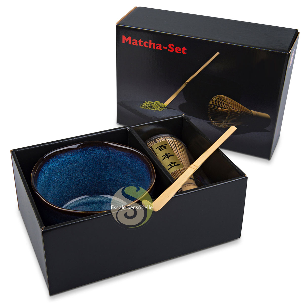 Coffret matcha bleu éléments pour s'initier à la préparation du thé