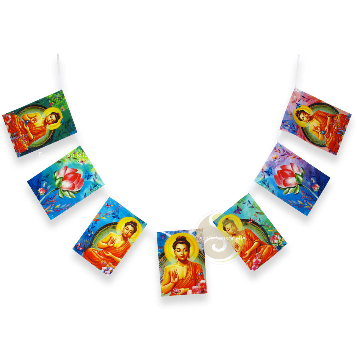 Drapeaux bouddha lotus  guirlandes tibétaines colorées