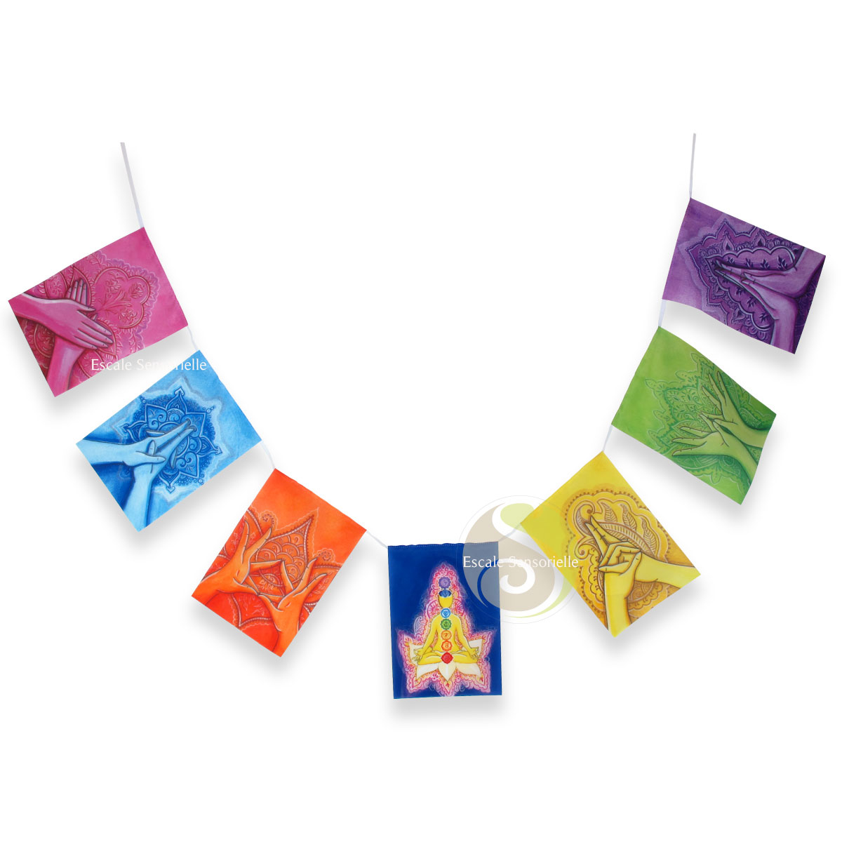 Drapeaux mudras 7 chakras guirlande de méditation