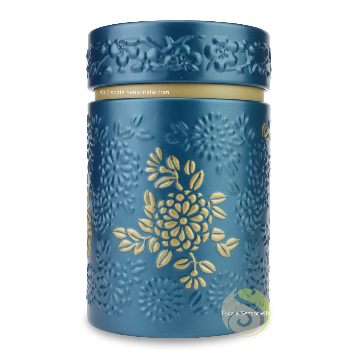 Boite vide à thé ronde embossée Eigenart Yumiko bleu petrol double couvercle